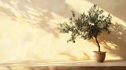 olive tree in terracotta pot casting shadow against textured wall on wooden surface