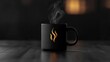 © Amigo - a steamy black mug on a dark surface featuring a golden stylized flame logo under dim lighting