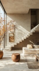 Poster - Bright sunlight filters through large windows, illuminating a spacious living area adorned with potted plants and a minimalist staircase. The neutral tones create a peaceful atmosphere