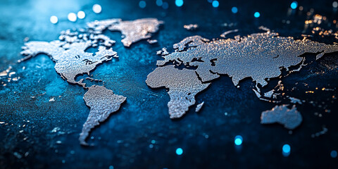 Poster - Close-up of textured world map, metallic silver on dark blue background, suggesting global connectivity and international business