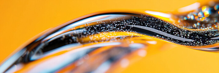 Poster - close-up photograph of translucent liquid with bubbles against orange background