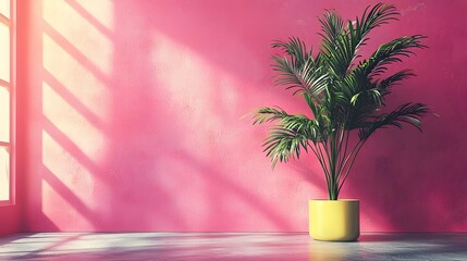 Poster - Lush green plant positioned in a minimalist pink room creating a vibrant and serene ambiance for relaxation