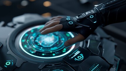Poster - A high-tech digital background with floating holographic interface elements, futuristic geometric shapes pulsating with energy, deep black and neon cyan tones creating contrast