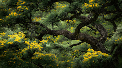 Poster - Dense foliage with intricate branches and hints of yellow flowers