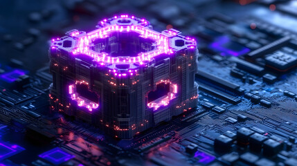 Aufkleber - Futuristic cube on a circuit board with glowing elements