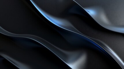 Poster - A minimalistic abstract technology wallpaper with smooth flowing waveforms of light, dark gradient surfaces illuminated by electric blue accents, subtle glowing dots connected in a digital web