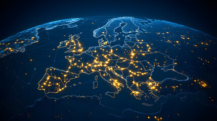 Poster - View of Europe at night with illuminated cities and network connections