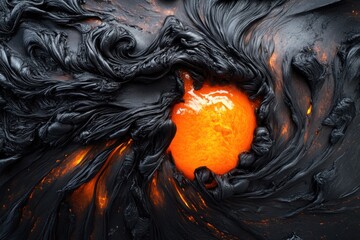 Aufkleber - An abstract, dark lava flow with an orange liquid ball in the center