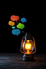 Poster - Speech bubbles radiating outwards from a central glowing lantern, symbolizing influence