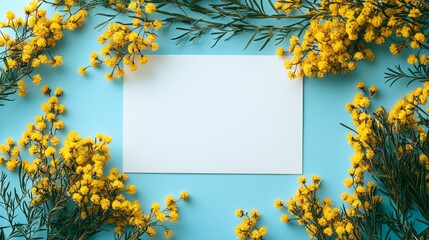 Aufkleber - Bright yellow flowers encircle a blank white space on a lively turquoise backdrop, inviting artistic expression and cheerful messages, perfect for crafting or stationery design