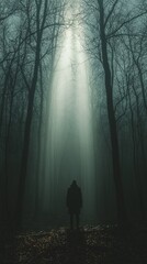Aufkleber - A lone figure stands amidst towering trees as ethereal beams of light pierce through the mist of a moody forest at twilight, creating a captivating atmosphere that feels almost magical