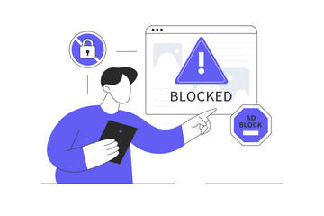 Poster - Blocked or banned website, system, connection, Ad blocking software, Banned user account for landing page, social media, website, mobile apps. Flat Cartoon Vector Illustration, icon. Stylish abstract 
