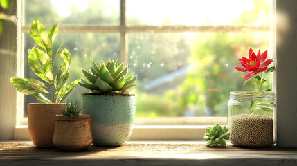 Poster - Sunny window sill scene featuring succulents and plants in terracotta and teal pots, a red flower in a glass jar, showcasing a tranquil, peaceful atmosphere, ideal for home decor or wellness concepts