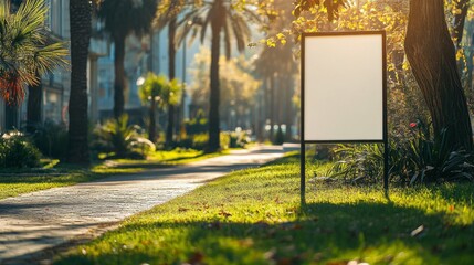 Poster - Golden sunlight bathes a tranquil park pathway lined with palm trees. A blank signboard stands at the edge, encouraging passersby to fill it with their dreams and ideas