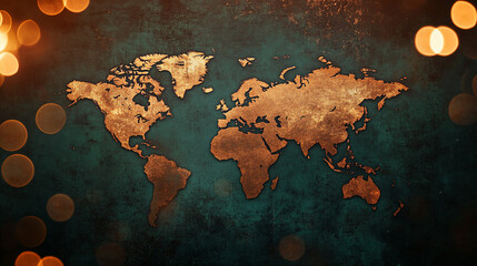 Poster - Copper world map on dark teal textured background, bokeh lights at edges.  Symbolizes global connection, travel, exploration