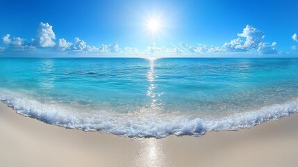 Aufkleber - Under the brilliant midday sun, turquoise waters glisten as they lap softly against the sandy beach. Wispy clouds float above, creating a picturesque tropical escape that invites relaxation
