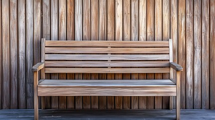 Poster - Stylish bench positioned against a textured wooden wall creating a warm and inviting outdoor seating area