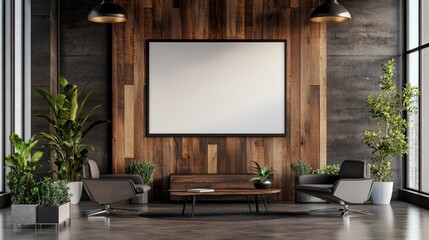 Poster - Creative agency office with a stylish wooden backdrop and a blank poster mockup for advertising purposes, 3D rendering