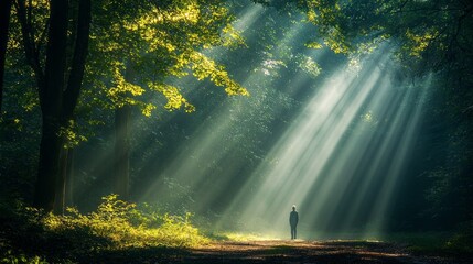 Aufkleber - A lone figure strolls along a tranquil forest path as sunlight filters through the canopy, illuminating the lush foliage with a magical glow, creating a peaceful atmosphere