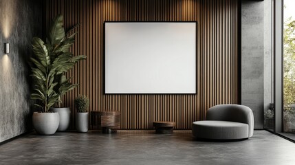 Poster - Modern office interior with a blank poster mockup on a wooden wall, minimalist workspace design, 3D rendering.