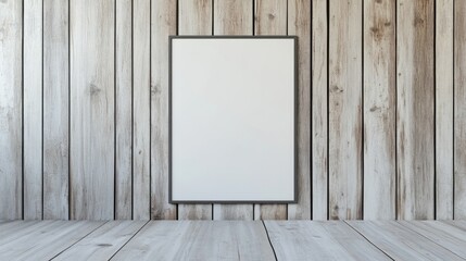Poster - Modern office interior with a blank poster mockup on a wooden wall, minimalist workspace design, 3D rendering.