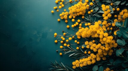 Poster - Yellow blooms intertwine with green foliage, forming a stunning composition that celebrates nature's beauty on a textured teal surface. This arrangement exudes warmth and positivity