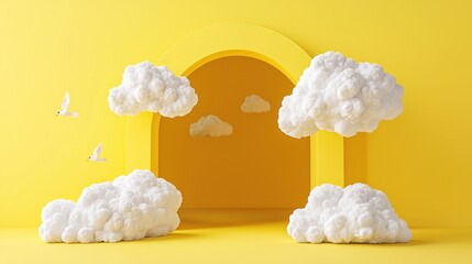 Poster - 3D render of a minimalistic yellow scene featuring fluffy white clouds emerging from a tunnel.