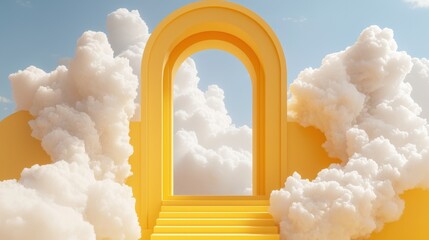 Poster - 3D render of a minimalistic yellow scene featuring fluffy white clouds emerging from a tunnel.