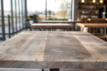 Poster - Close-up of rustic wood table texture, showcasing natural grain and color variations, representative of simplicity and authenticity, ideal for product display or restaurant setting