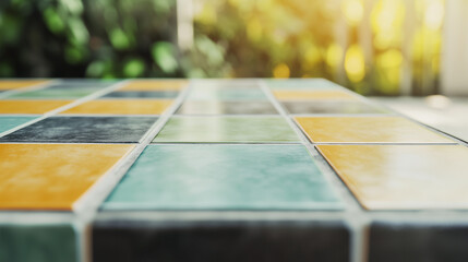 Poster - Colorful tiled surface with sunlight and blurred background creates vibrant atmosphere