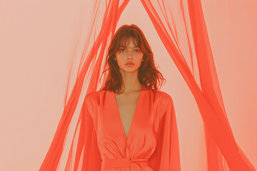 Poster - woman in flowing red dress stands amidst sheer red fabric, creating dramatic and elegant scene
