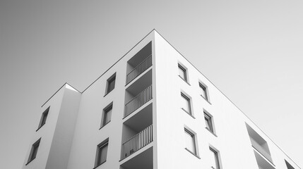 Poster - Modern white building with balconies against clear sky, viewed from low angle