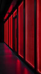 Fototapete - Red illuminated panels create a corridor effect, showcasing a modern and minimalist design, symbolizing technology, innovation, and energy