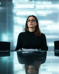 Aufkleber - woman in glasses leads futuristic team meeting, focused and confident