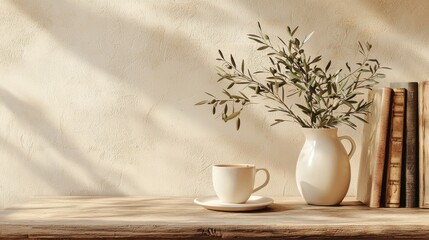 Poster - A simple yet elegant arrangement captures the beauty of nature with fresh olive branches in a white vase beside a vintage cup and saucer