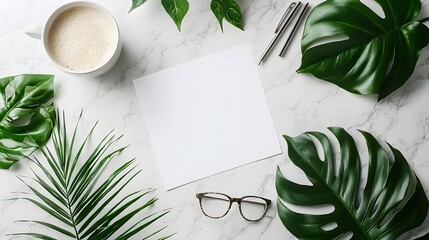 Poster - A stylish table displaying a white paper sheet, a coffee cup, and reading glasses creating a cozy workspace atmosphere