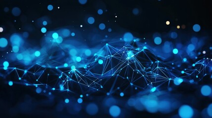 Poster - Abstract glowing blue polygonal shapes forming a digital cyber network in a sci-fi setting.