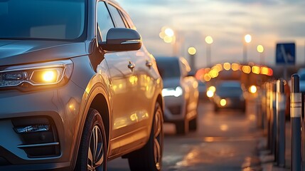 Poster - A SUV or sedan driving along a city street at dusk with blurred traffic and street lights creating a warm atmospheric ambiance