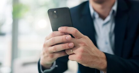 Poster - Business, hands and man with cellphone, connection and scroll with financial advisor, internet and trading. Person, closeup or employee with smartphone, email or digital app for investment or network