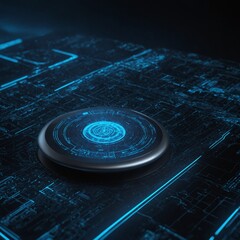 Poster - Circular device emits soft blue light on intricately patterned dark surface. Design suggests advanced technology, with circuit-like elements representing data, energy flow. Futuristic, high-tech.