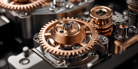Poster - Close-up of intricate copper gears and metallic components, showcasing precision engineering and complex mechanism, representing innovation, technology, and craftsmanship
