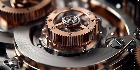 Poster - Close-up of intricate watch gears, rose gold and silver tones, showcasing precision engineering and craftsmanship, symbolic of luxury, time, and meticulous detail