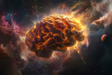 cosmic brainstorm: a glowing brain floats in a nebula-filled space, symbolizing thought and creation