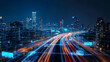 A smart city transformation concept visualized with digital light trails over an urban skyline at night, representing the impact of 5G technology and fiber optics