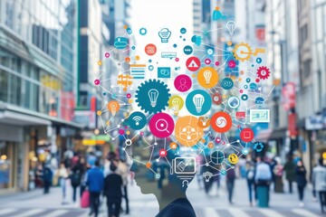 Poster - Conceptual image of a mind with connected ideas and innovation, in a busy city environment, reflecting modern technology and human potential.