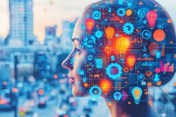 Poster - a creative visualization of a woman's mind, showcasing innovative ideas represented by glowing icons