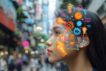 Poster - A creative representation of a woman's thought process with digital icons and light bulbs overlayed on her profile, set against a bustling city street backdrop.