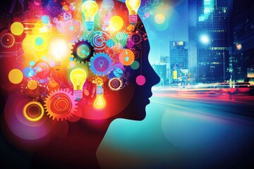Poster - a vibrant mind at night: silhouette of a person's head filled with gears and lightbulbs against a bl