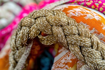 Poster - Close-up of intricate braided textile artistry with colorful patterned fabrics, showcasing a detailed woven texture and vibrant ethnic design, perfect for cultural themes.