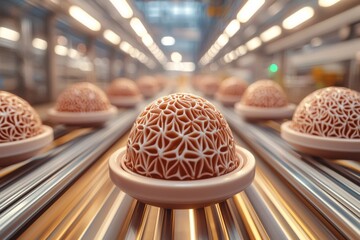 Poster - Geometric dome-shaped product moving along a conveyor belt, showcasing intricate design in a factory or manufacturing setting with a blurred background and lights.